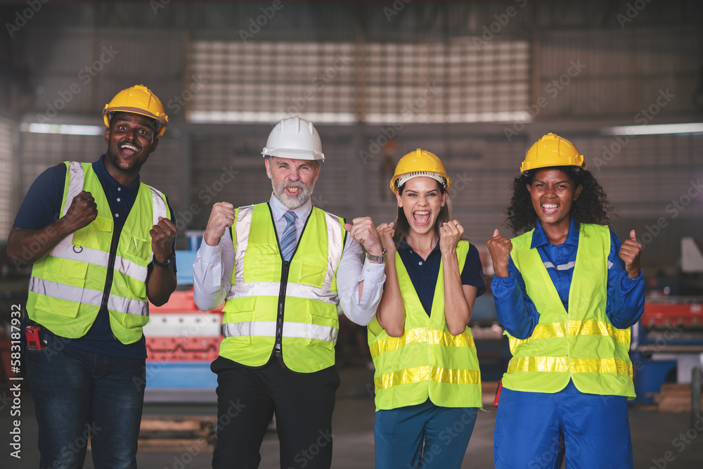 Group of diverse people, Factory worker teamwork, Cooperation in factory with engineers and technician work together on heavy industrial project. Group of diverse people, Factory worker teamwork, Cooperation in factory with engineers and technician work together on heavy industrial project.