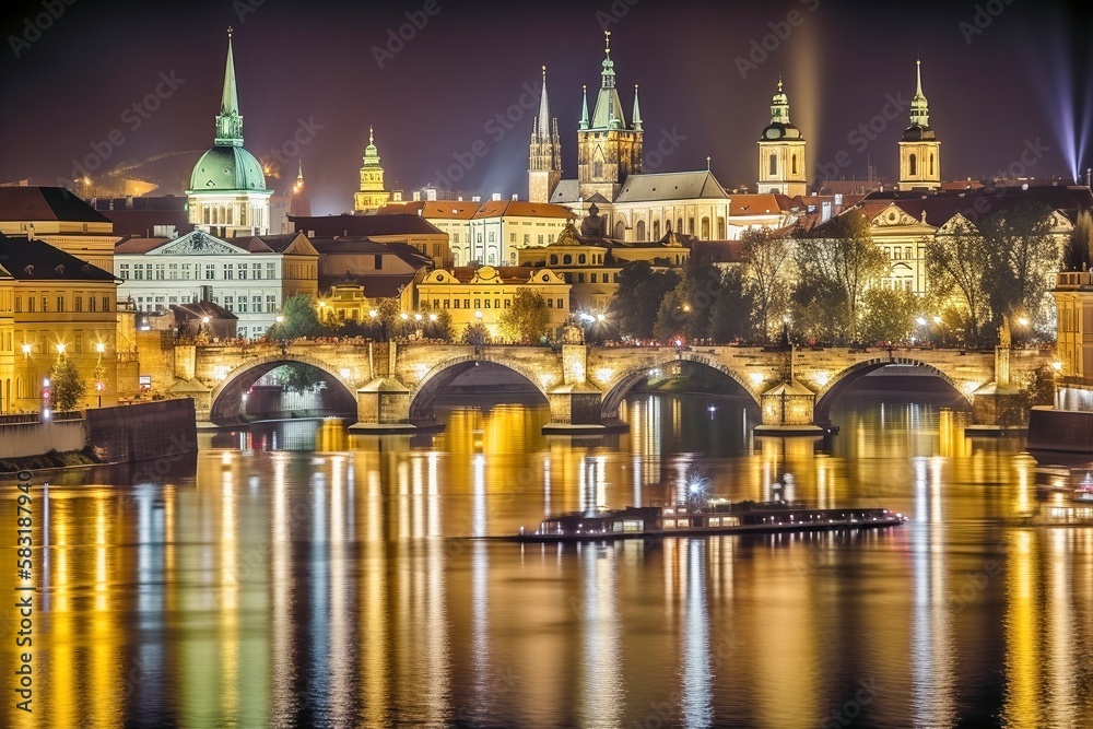 Magical Prague Skyline at Night: Illuminated Castle, Charles Bridge, and Old Town, AI-Generated