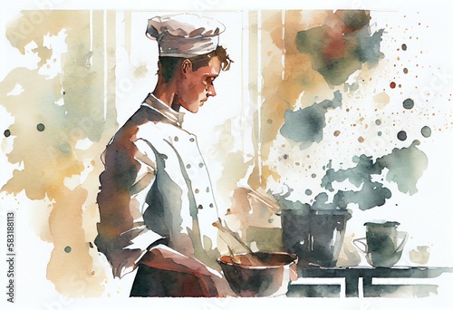 Watercolor Illustration of a Gourmet Chef In Uniform Cook In The Kitchen. Generative AI photo