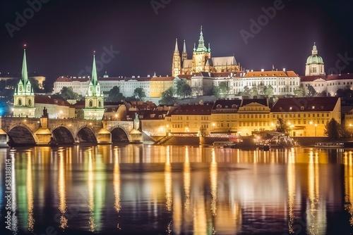 Magical Prague Skyline at Night  Illuminated Castle  Charles Bridge  and Old Town  AI-Generated