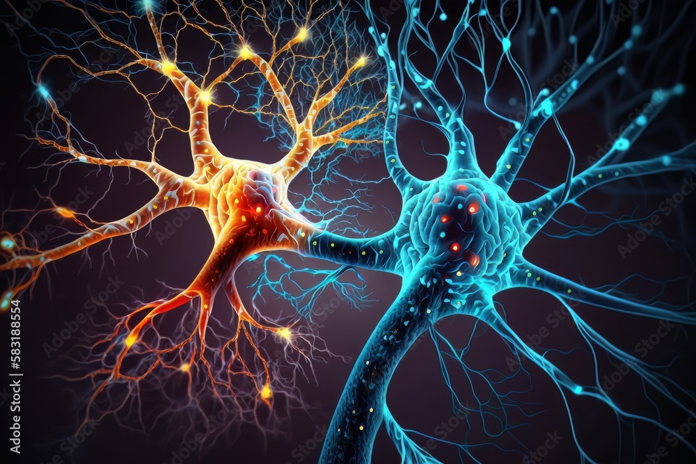 Nerve cell biology background, neuron of brain with synapses stroke disease, red and blue light. Generation AI