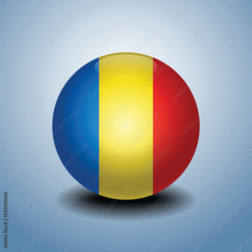Fototapeta premium Romania flag. Round glossy. Isolated on color gradient background