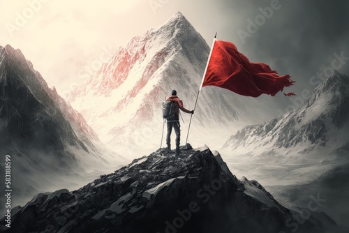Climber With Flag Conquering Top Of Mountain On Hand. Generative ai © cac_tus
