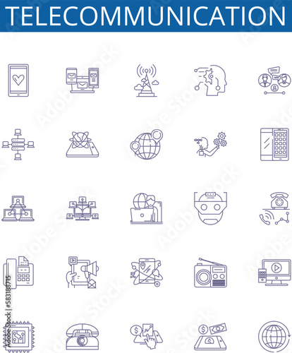 Telecommunication line icons signs set. Design collection of Telecom, Networking, Communication, Transmission, Wireless, VoIP, Radio, Antenna outline concept vector illustrations