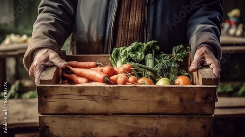 Farmer holding a wooden box full of fresh organic vegetables. Selective focus. Generative AI