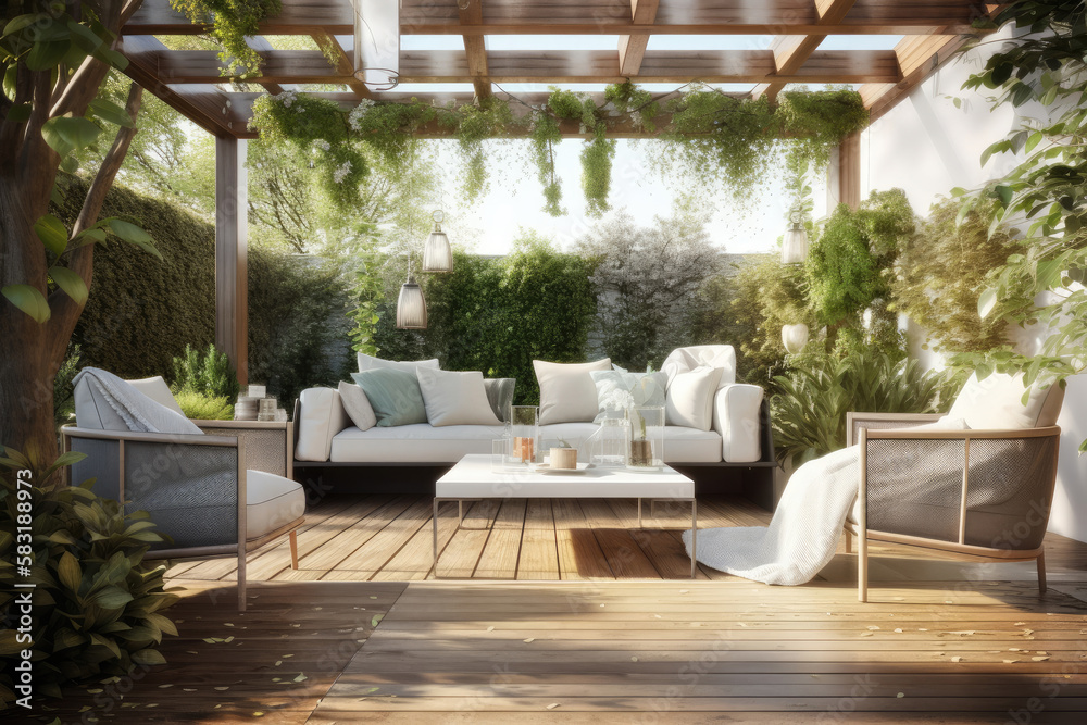 Fototapeta premium Luxurious outdoor garden in the morning. Generative AI