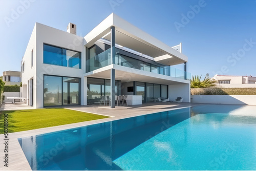 Luxury property with pool and terrace in contemporary style. Generative AI © Miquel