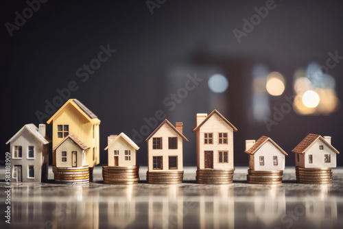 Small houses with lots of coins. Housing market concept. Generative AI