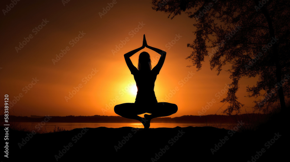 Silhouette of a beautiful Yoga woman, generative ai