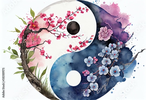 Watercolor Illustration of a Yin Yang Zeichen In Blau Rosa Mit Blumen. Generative AI photo