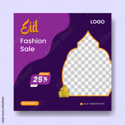 Eid fashion sale banner and social media post Template, Ramadan Kareem theme Sale square flyer and banner. Big sale bundle Eid ads post, Greeting card Islamic background design with Lantern, Half Moon