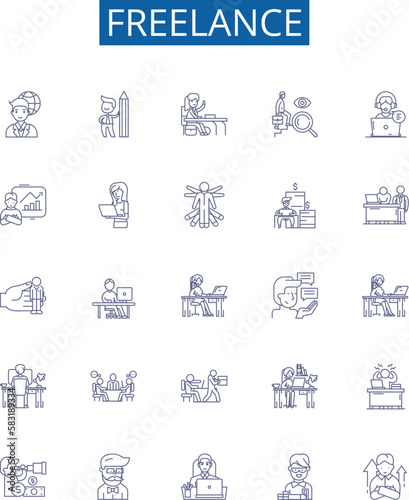 Freelance line icons signs set. Design collection of Freelancer, Contractor, Outsourcing, Remote, Autonomous, Self employed, Gig, Casual outline concept vector illustrations