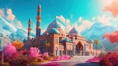mosque with mountain and date palm for a poster design, Generative AI