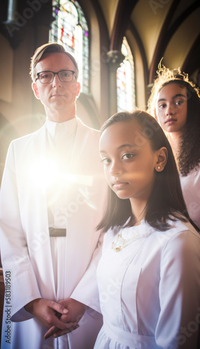 Holy church confirmation ceremony with young stylish teenagers in a church photo