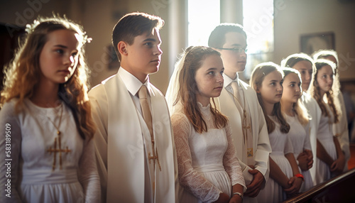 Holy church confirmation ceremony with young stylish teenagers in a church photo