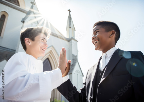 Holy church confirmation ceremony with young stylish teenager dressed for the big day photo