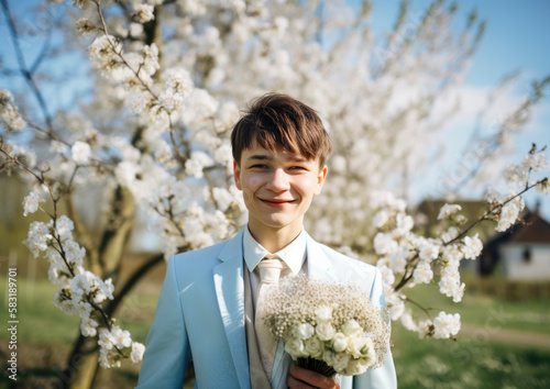 Holy church confirmation ceremony with young stylish teenager dressed for the big day photo