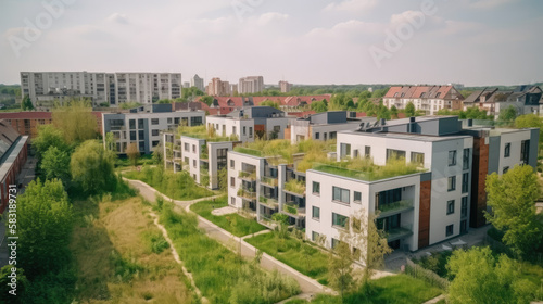 View to residential area with ecological and sustainable green residential buildings, low-energy houses with apartments and green courtyard, generative ai