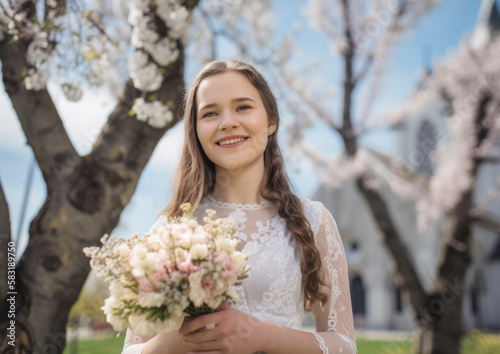 Holy church confirmation ceremony with young stylish teenager dressed for the big day