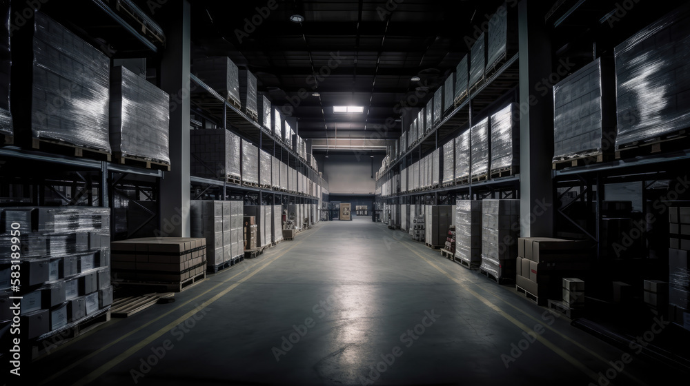 Warehouse or industry building interior. known as distribution center, retail warehouse. generative ai