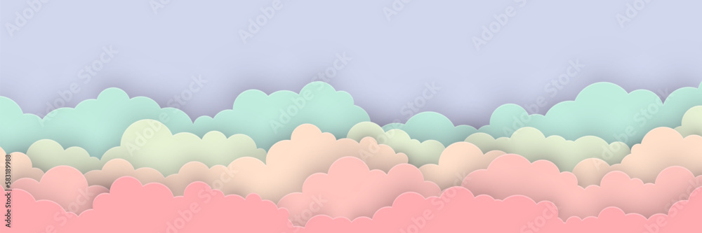 Concept of a background with colouful fluffy clouds. Concept of a paper cut sky. Vector illustration