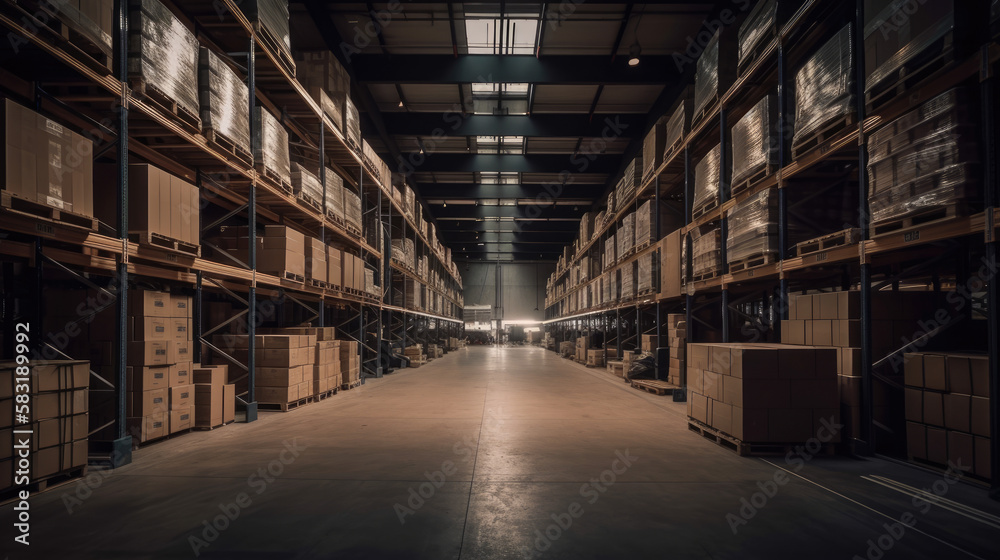 Warehouse or industry building interior. known as distribution center, retail warehouse. generative ai Warehouse or industry building interior. known as distribution center, retail warehouse. generative ai
