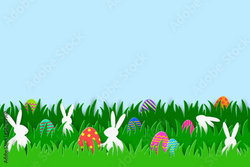 Colourful Easter background with bunnies and painted eggs hidden in spring grass. Paper cut decoration. Vector illustration