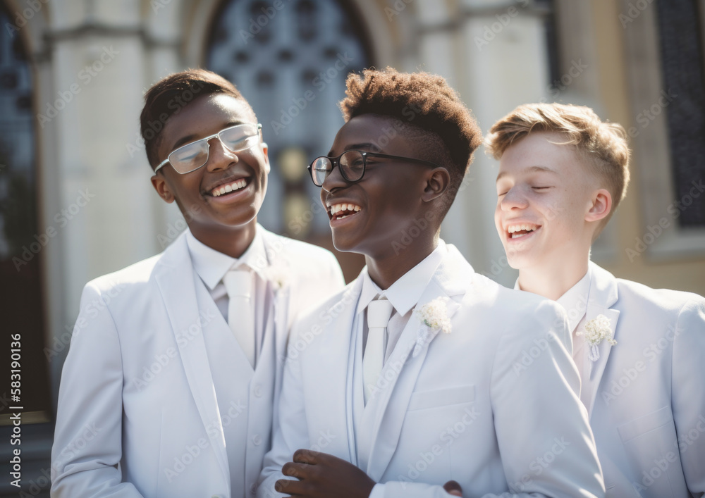 Holy church confirmation ceremony with young stylish teenager dressed for the big day