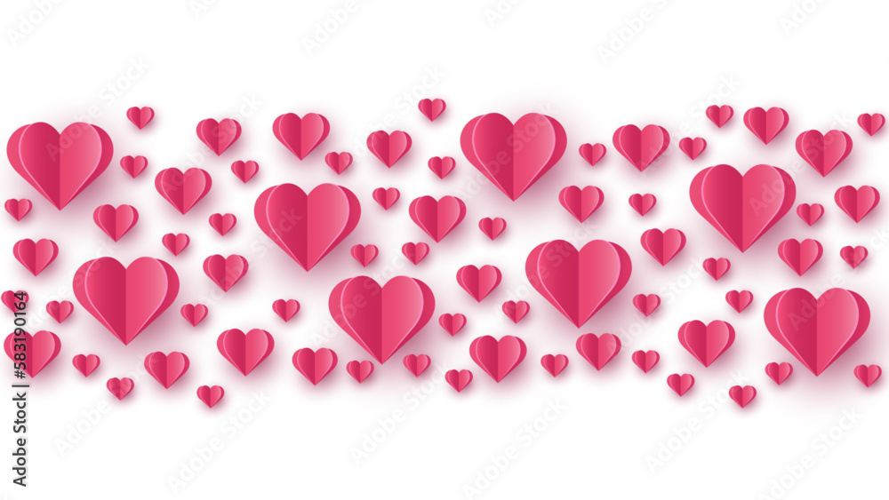Floating hearts on white background.  Paper cut decoration. Design for Valentine’s Day. Vector illustration.