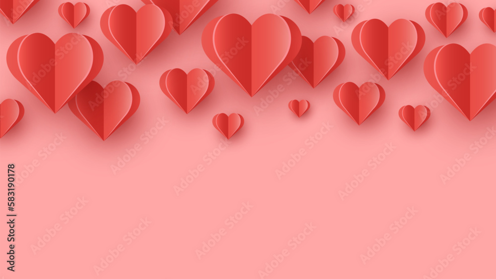 Floating hearts on pink background. Paper cut decorations. Design for Valentine’s Day, Mother’s Day and Women’s Day. Vector illustration