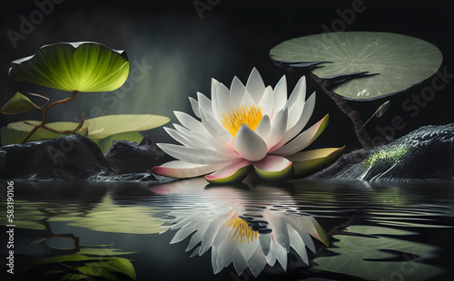 Lovely flowers White Nymphaea alba, commonly called water lily or water lily among green leaves and blue water. AI Generative