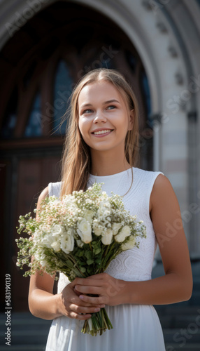 Holy church confirmation ceremony with young stylish teenager dressed for the big day