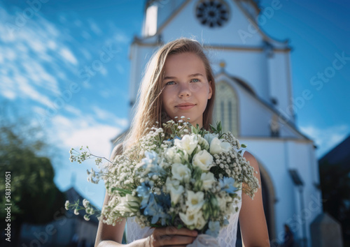 Holy church confirmation ceremony with young stylish teenager dressed for the big day