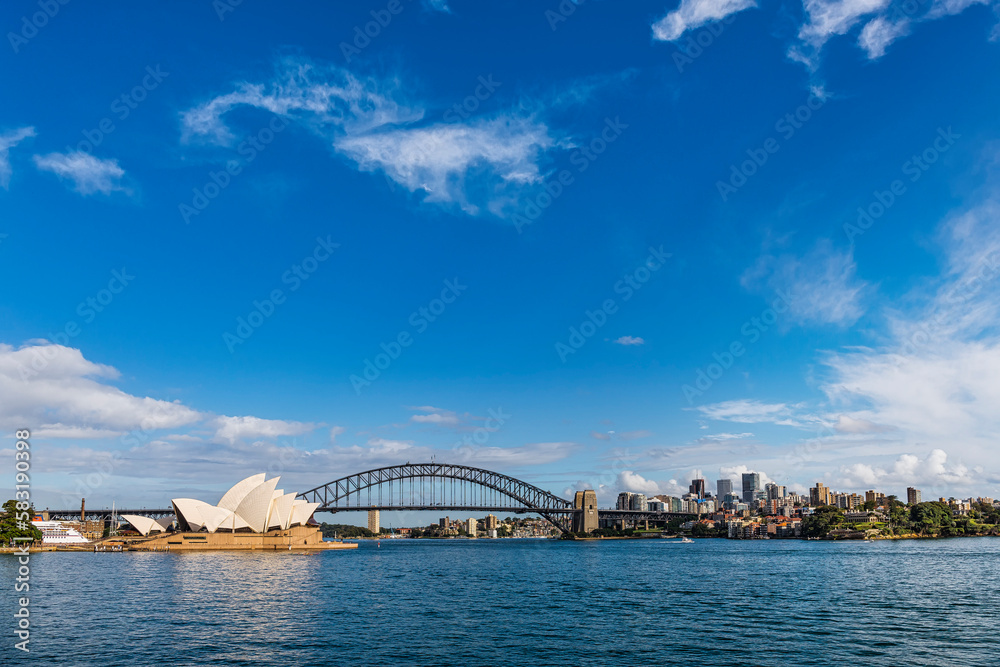 Naklejka premium City harbour bridge, Sydney Opera house and skyline. Australia.