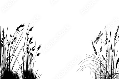 Image of a silhouette reed or bulrush on a white background.Monochrome image of a plant on the shore near a pond.