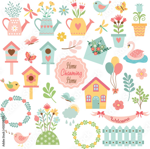 Set of cute decorative clipart flower bed. Spring, summer elements for decoration. Set of elements for scrapbook.