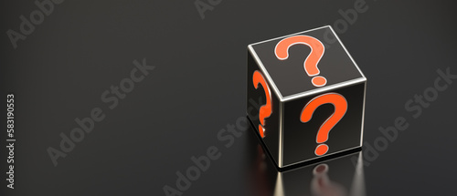 Red question mark on black background with empty copy space on left side, FAQ Concept. 3D Rendering
