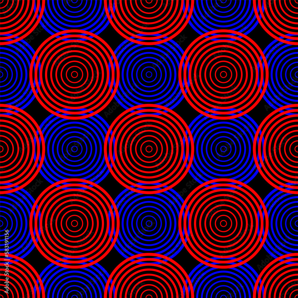 Red and blue contour linear circles isolated on black background. Geometric seamless pattern. Vector simple flat graphic illustration. Texture.