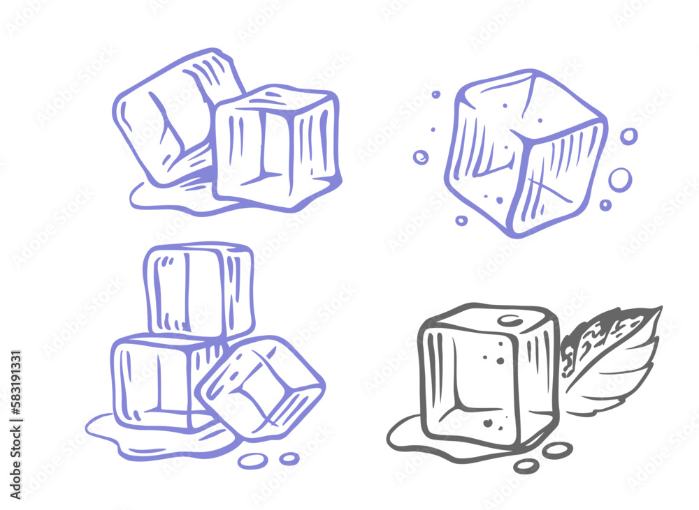 Ice cubes isolated drawing vector. Hand drawn - obrazy, fototapety, plakaty 