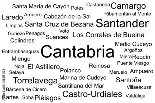 Tag cloud of the biggest cities in Cantabria, Spain. photo