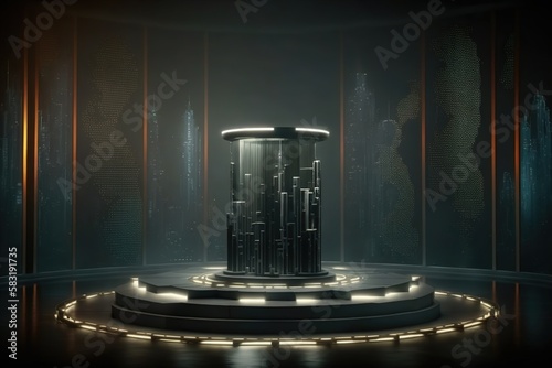 Scientific podium  pedestal  directional light in the center against the backdrop of a futuristic city. AI