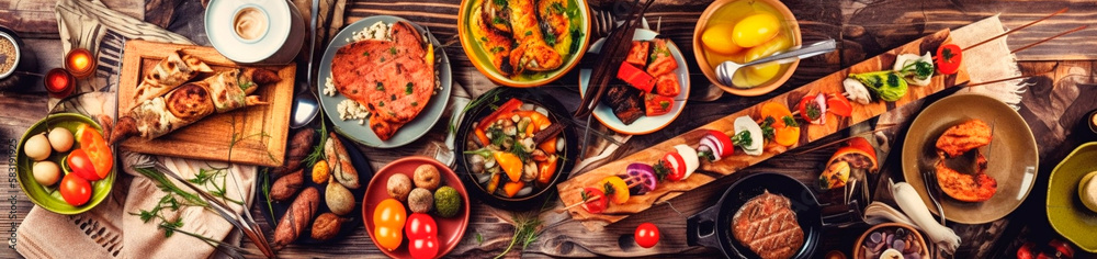 Oriental cuisine dining table with grilled kebab and fried vegetables, fruits assorted snacks on a rustic table. Generative Ai, Oriental cuisine dining table with grilled kebab and fried vegetables, fruits assorted snacks on a rustic table. Generative Ai,