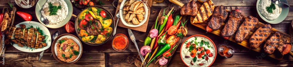 Oriental cuisine dining table with grilled kebab and fried vegetables, fruits assorted snacks on a rustic table. Generative Ai, Oriental cuisine dining table with grilled kebab and fried vegetables, fruits assorted snacks on a rustic table. Generative Ai,