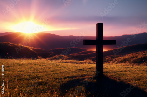 Christian cross in countryside at sunset. Christian cross in nature at sunrise. Generative AI. © Anton Dios