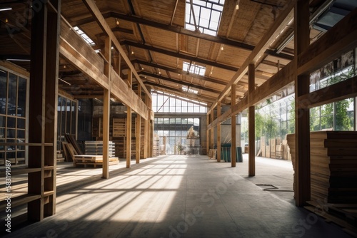 Lumber - Wood factory stock or timber in warehouse.  Piles of wooden boards waiting for shipping. Lumber  Business  production  manufacture and woodworking industry concept  GENERATIVE AI