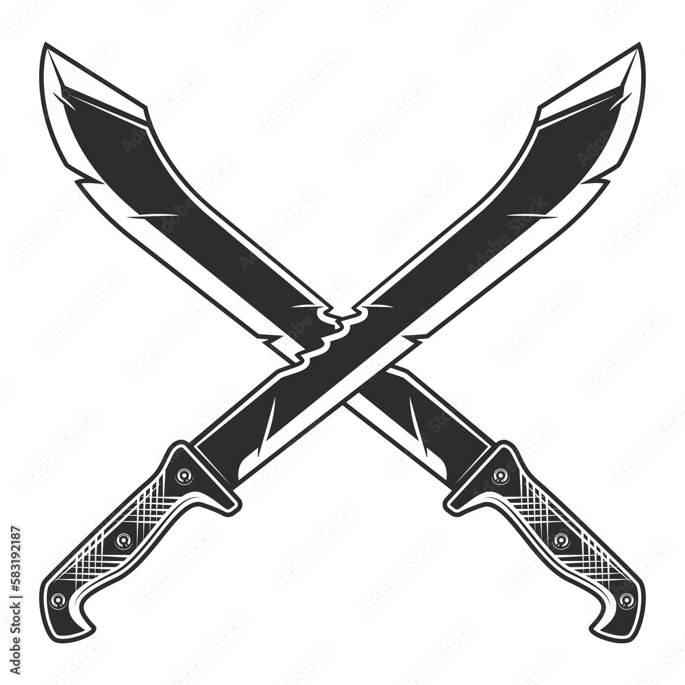 Crossed machete sharp knife icon, melee weapon of hunter in jungle