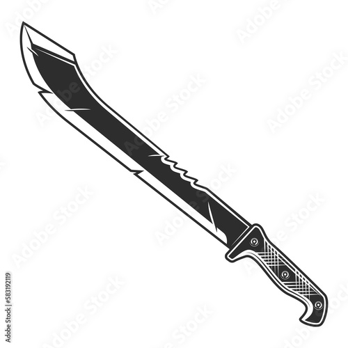 Sharp knife machete icon. Melee weapon of hunter in jungle. Black and white vector isolated on white background photo