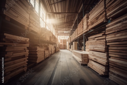 Carpentry lumber interior Wood klift and wooden pallets in warehouse, GENERATIVE AI photo