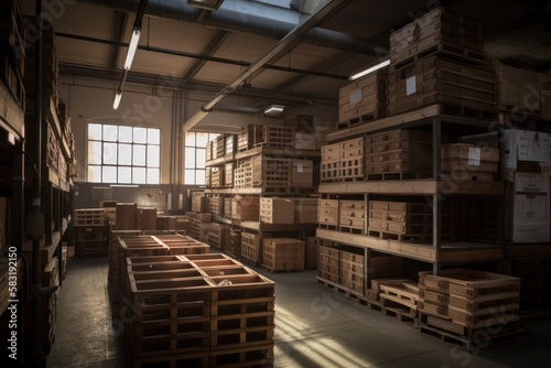 Carpentry lumber interior Wood klift and wooden pallets in warehouse, GENERATIVE AI ©  freeprompt
