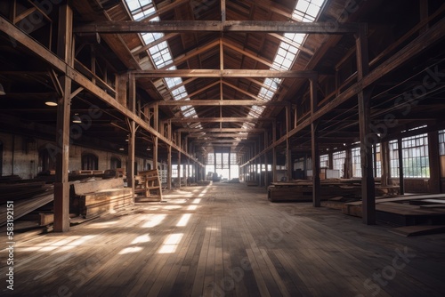 Carpentry lumber interior Wood klift and wooden pallets in warehouse, GENERATIVE AI © freeprompt